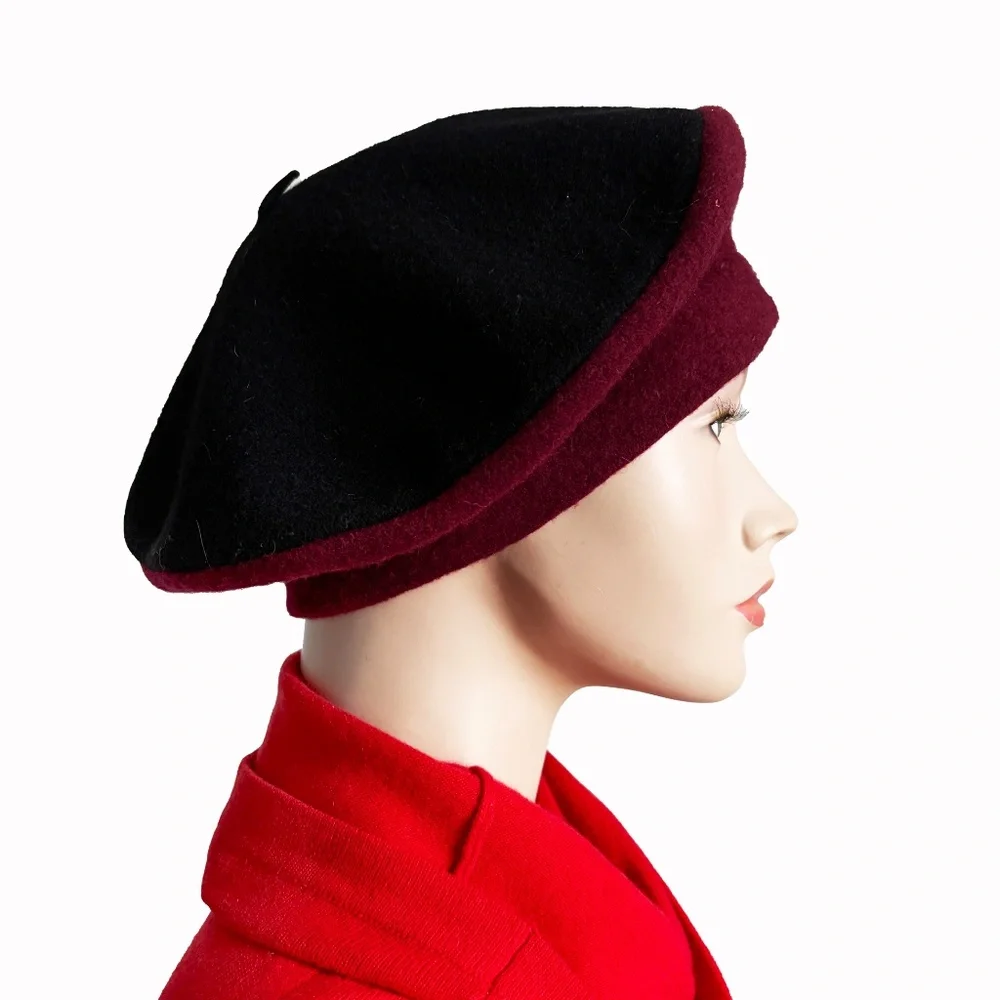Vintage Norma Kamali for Stetson Wool Beret – Black & Burgundy Two-Tone (1980s)